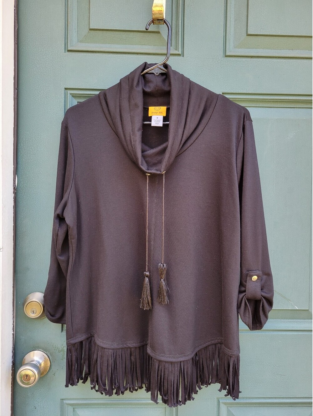 Ruby Rd Women's M Black Cowl Neck Fringe a Tunic Tassel Boho Roll Tab Sleeve